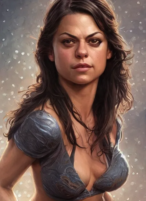 Prompt: muscled Mila Kunis grinning as a ruggedly handsome heroine, intricate, elegant, highly detailed, centered, artstation, concept art, smooth, sharp focus, illustration, bokeh art by artgerm and donato giancola and Joseph Christian Leyendecker, WLOP