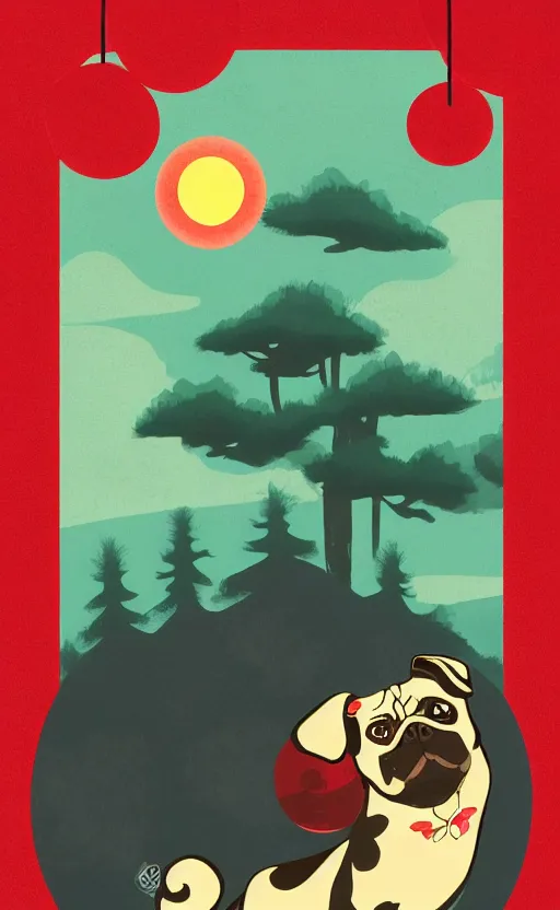 Image similar to hanafuda pug, a big red charm is floating above a forest of japanese pines, a big red sun in the background, original style, front game card, vector line art, trending on behance, concept art, stunning, matte