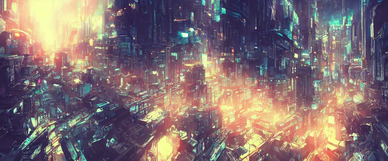 Prompt: surreal cyberpunk city awesome sunset sexy robots powerful cars flying between skylines happy people digital art of an anime style made by makoto shinkai
