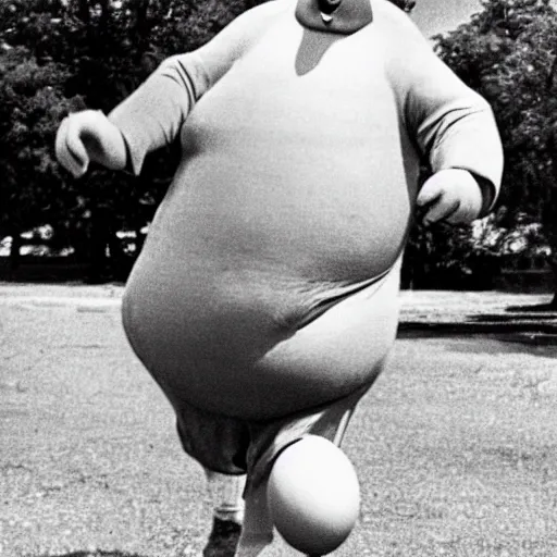 Prompt: big chungus photo caught running from stealing an egg in 1960s