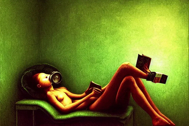 Image similar to hyper realistic girl with wearing a gas mask lying on the sofa reading a book in her room, in the style of beksinski, solarpunk, exact anatomy, atmospheric, clean, intricate and epic composition, green by caravaggio, insanely quality, highly detailed, masterpiece, blue light, artstation, 4 k
