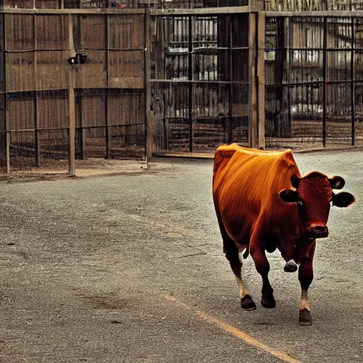 Image similar to cow running from a cage to a light of freedom