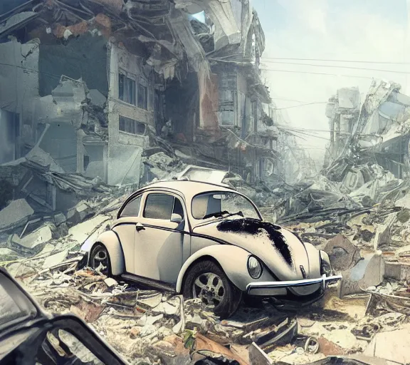 Prompt: one single Volkswagen Beetle in a pile of rubble in the ruins of a house. Post apocalyptic, ruins, rubble, gloomy. By Makoto Shinkai, Stanley Artgerm Lau, WLOP, Rossdraws, James Jean, Andrei Riabovitchev, Marc Simonetti, krenz cushart, Sakimichan, trending on ArtStation, digital art.