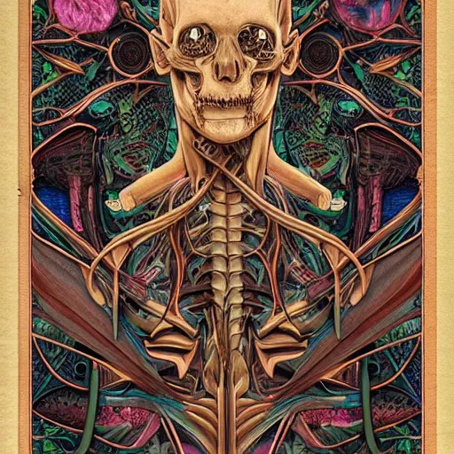 Image similar to cyberpunk, highly detailed labeled medical anatomy poster, anatomical drawing on poster paper with notes, extra beautiful colorful full page antique lithograph of artnouveau borders and designs, muted colors, parchment paper, art print, well - lit, ray tracing, horror, eldritch abomination, hyper realistic, 8 k post - processing