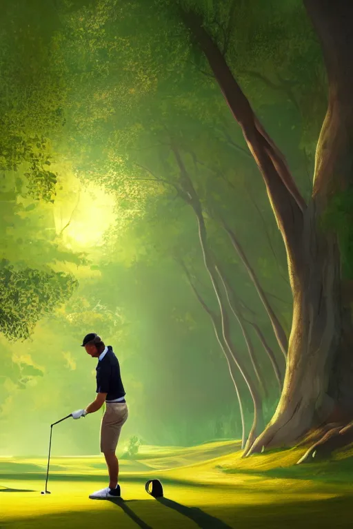 Prompt: close-up of an athletic golf player in a green lush golf course, low angle, landscape of a burning forest, smoke fire, sunlight shining through the branches of trees, digital painting, cinematic, 4k, particles light, Noah Bradley, ilya kuvshinov