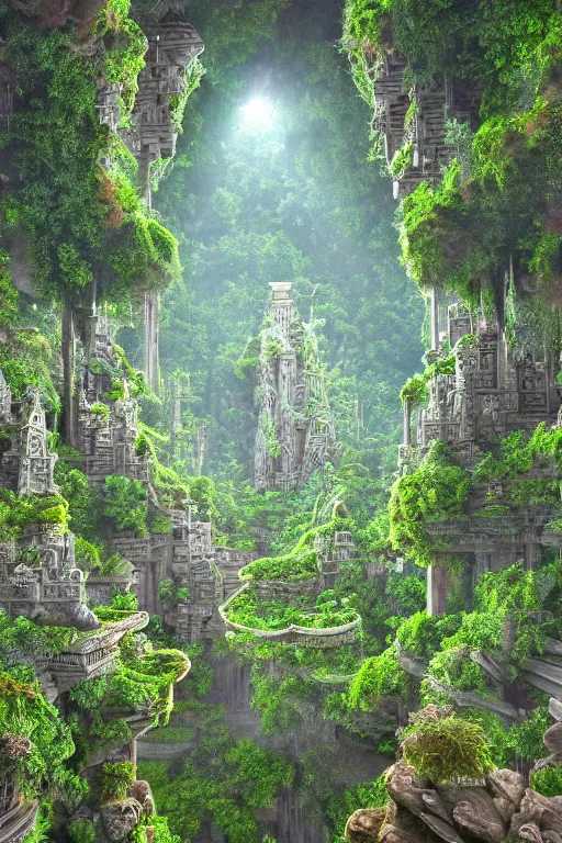 Prompt: ancient fractal temple, altar, primordial diamond radiating - sharp focus view of a megastructure in the hanging gardens of a radiant forest jungle, overgrown garden, scanned earth terrain fractal bridges, highly detailed erosion algorithm landscape, by albert bierdstat, by glenn small, high resolution, 8 k photorealism, god rays in volumes of fog, looking up perspective