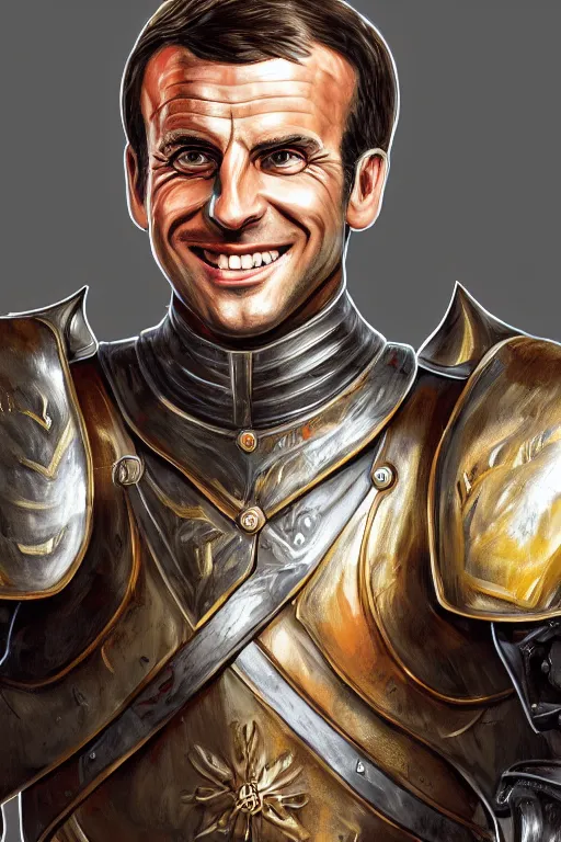 Image similar to emmanuel macron smiling while wearing armour, highly detailed, digital art, sharp focus, trending on art station