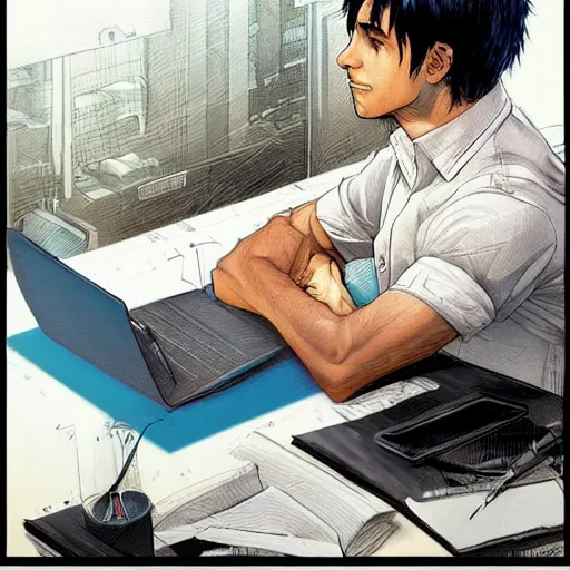 Image similar to a beautiful artwork of a young male scientist with black hair and white shirt sitting at a desk with a laptop by Jerome Opeña, featured on artstation