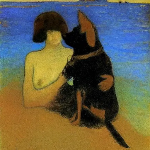 Image similar to a woman and her black and brown chihuahua by the sea by odilon redon