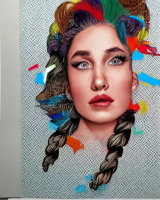 Prompt: a young woman with an extravagant hair style, colored pencil highly realistic rendering graphic collage in the style of Erica Rose Levine