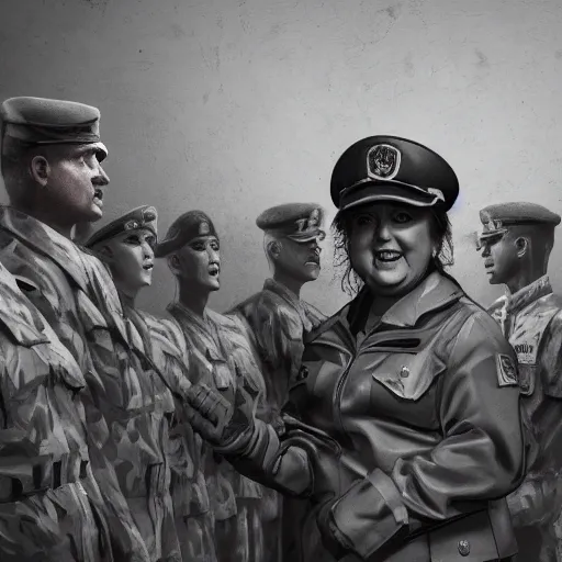 Prompt: abby lee miller dressed as a military dictator, giving a speech to her troops, cinematic lighting, trending on artstation, 4k, hyperrealistic, focused, extreme details, unreal engine 5, cinematic, masterpiece