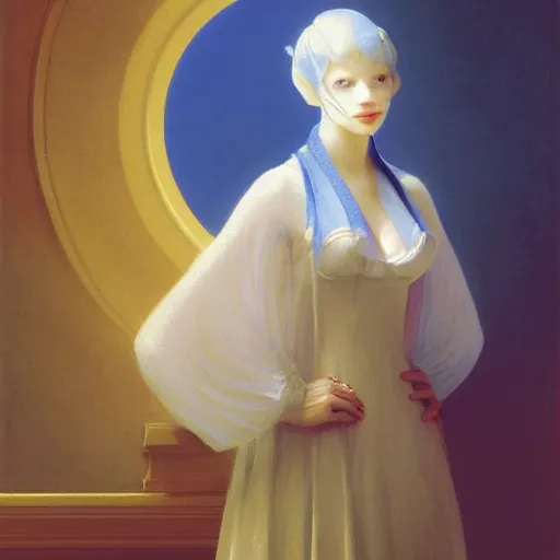 Image similar to a young woman's face, her hair is white and she wears an cobalt blue satin cloak, by ivan aivazovsky and syd mead and moebius and gaston bussiere and roger dean and pieter claesz and paul delaroche and alma tadema and aelbert cuyp and willam claesz, hyperrealistic, volumetric light, octane render