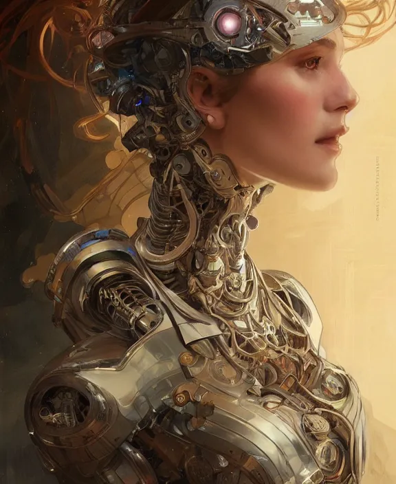 Image similar to portrait of a robotic human, half body, d & d, fantasy, intricate, elegant, highly detailed, digital painting, artstation, concept art, art by artgerm and greg rutkowski and alphonse mucha