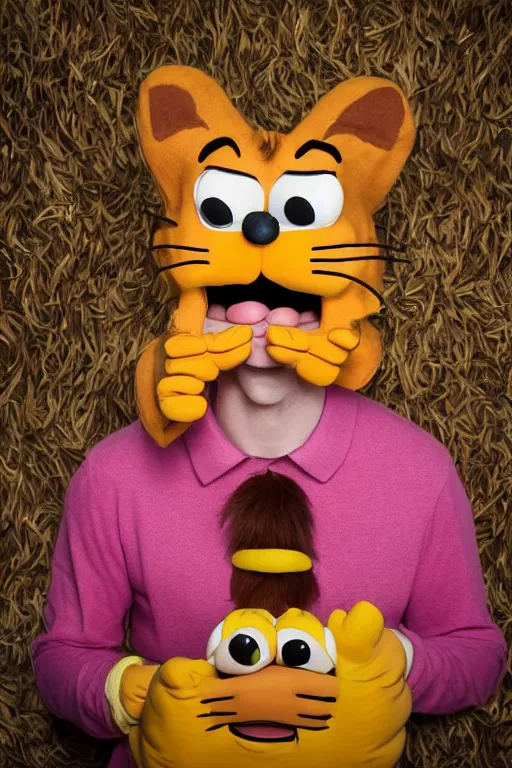 Prompt: portrait of Jacksfilms dressed in Garfield costume, starring in live-action adaptation of the comics, cosplay photograph,