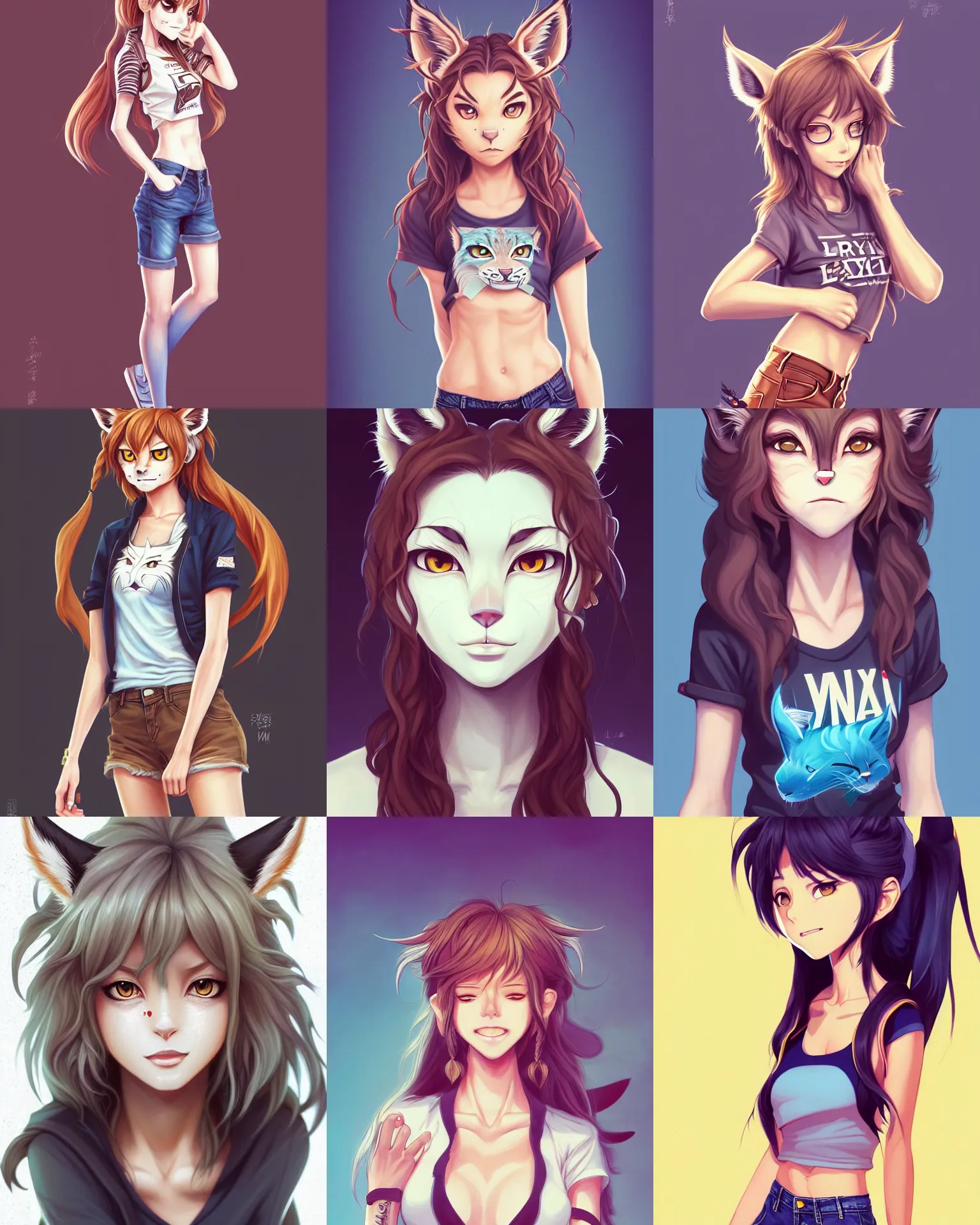 Prompt: fullbody portrait of half - lynx woman with lynx nose and ears, wearing summer jeans shorts and tshirt, anime art, concept art, detailed attractive face, symmetrical, trending on pixiv, by lois van baarle by sung choi by john kirby artgerm style pascal blanche and magali villeneuve
