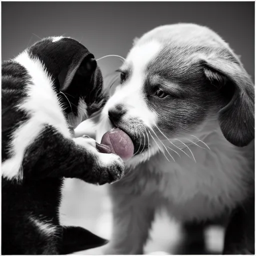 Prompt: black and white photography of a puppie giving some food to baby cat, animal photography, award winning photography by Leonardo Espina