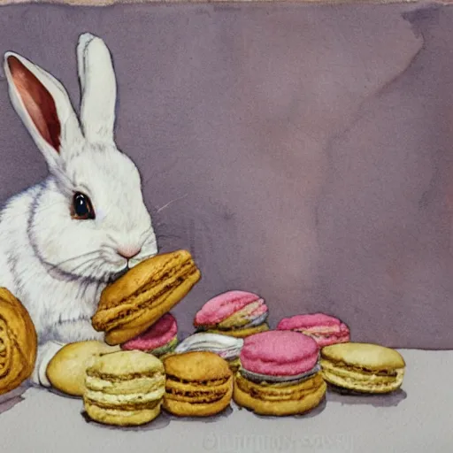 Image similar to a rabbit posing with cookies and macaroons in a kitchen, watercolour realism