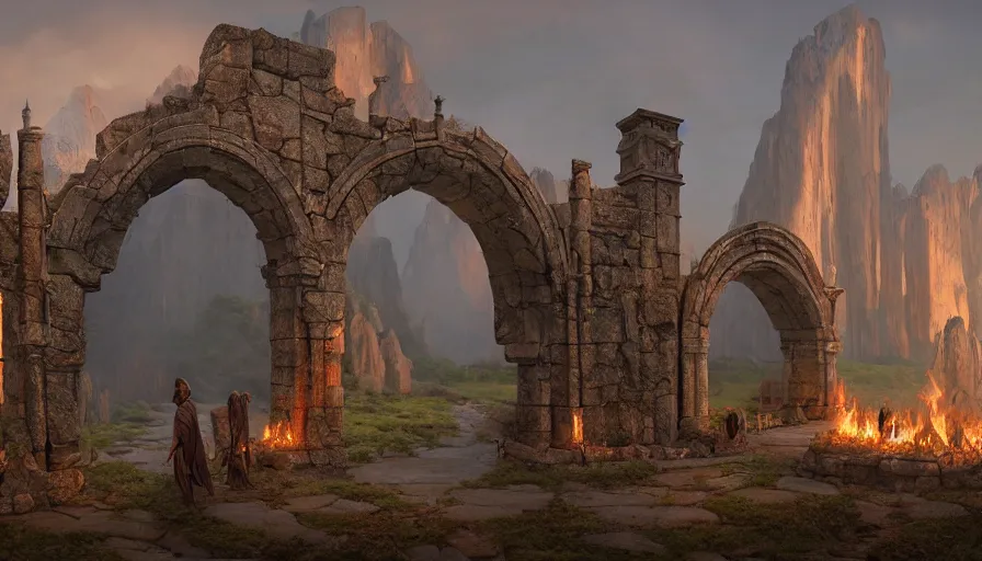 Image similar to gigantic stone gates that serve as the entrance to the realm of flame, rule of thirds, highly detailed, volumetric lighting, trending on artstation, concept art, matte painting, 4k, octane render, art by ted nasmith and greg rutkowski