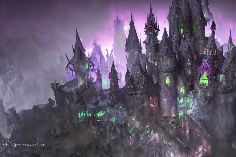 Image similar to big evil fairy castle - city rock dark shadow elves, might and magic heroes 7, dark fantasy, shadows, artstation trending, unreal engine 5, red