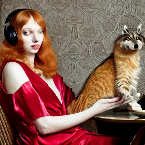 Image similar to a stunning hyper-detailed photo of a slender beautiful woman with straight long ginger hair and bangs, wearing a luxurious silk robe, wearing headphones and posing with her large ginger tabby cat and raccoon and parrots in a red overstuffed easy chair in her Victorian living room, holding a porcelain parrot-shaped coffee mug and a donut, perfect eyes, fashion photography, dramatic cinematic lighting, octane render, IBEX Masters, unreal engine, 85 mm lens, paisley wallpaper