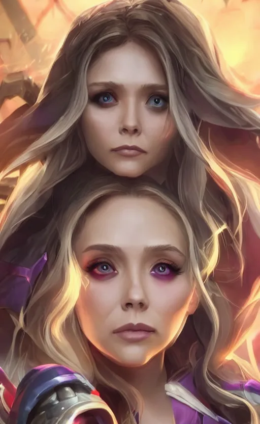 Image similar to Elizabeth Olsen as a character in the game League of Legends, with a background based on the game League of Legends, detailed face, old 3d graphics