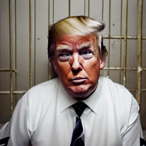 Image similar to donald trump dressed in orange prison uniform in a prison cell, jail bars, framing - medium shot, natural light failing on his face, by terry richardson