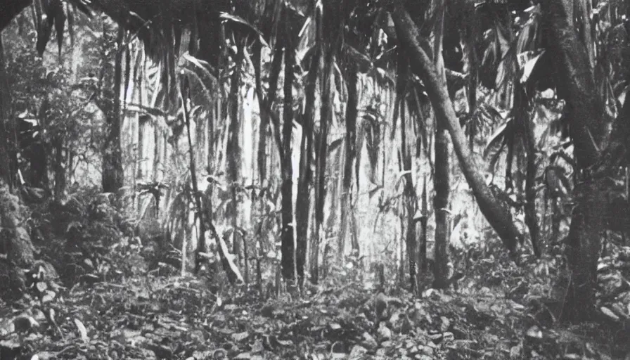 Image similar to lost film footage of a sacred object in the middle of the ( ( ( ( ( ( ( ( ( tropical jungle ) ) ) ) ) ) ) ) ) / film still / cinematic / enhanced / 1 9 2 0 s / black and white / grain