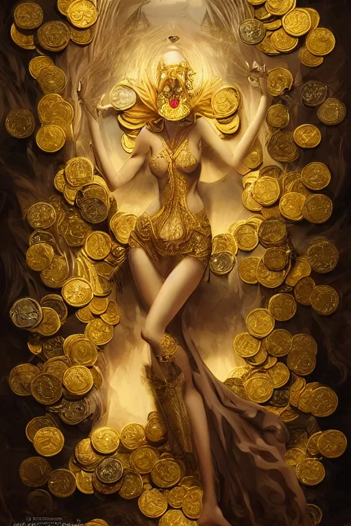 Prompt: greed deadly sin represented by a beautiful woman surrounded by gold coins, jewels, and treasure, style of peter mohrbacher, vray, highly detailed, luxury, fractal, gold inlay, dramatic lighting, golden ratio, elegant, epic