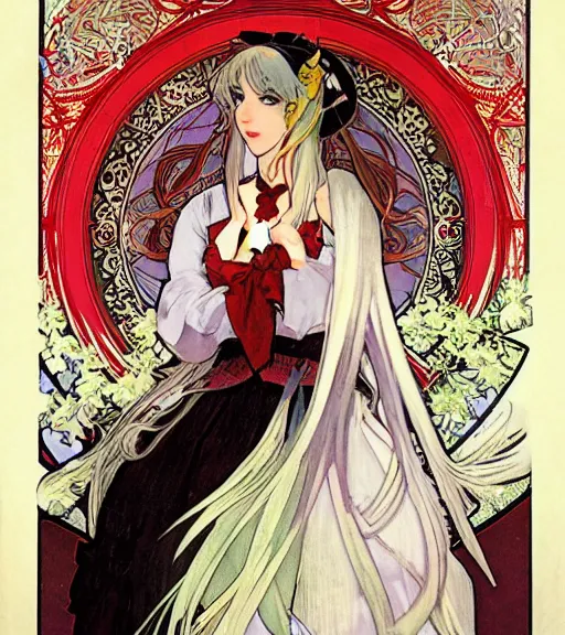 Image similar to Portrait of an anime girl with white hair wearing red gothic lolita dress, art by Alphonse Mucha and Shirow Masamune