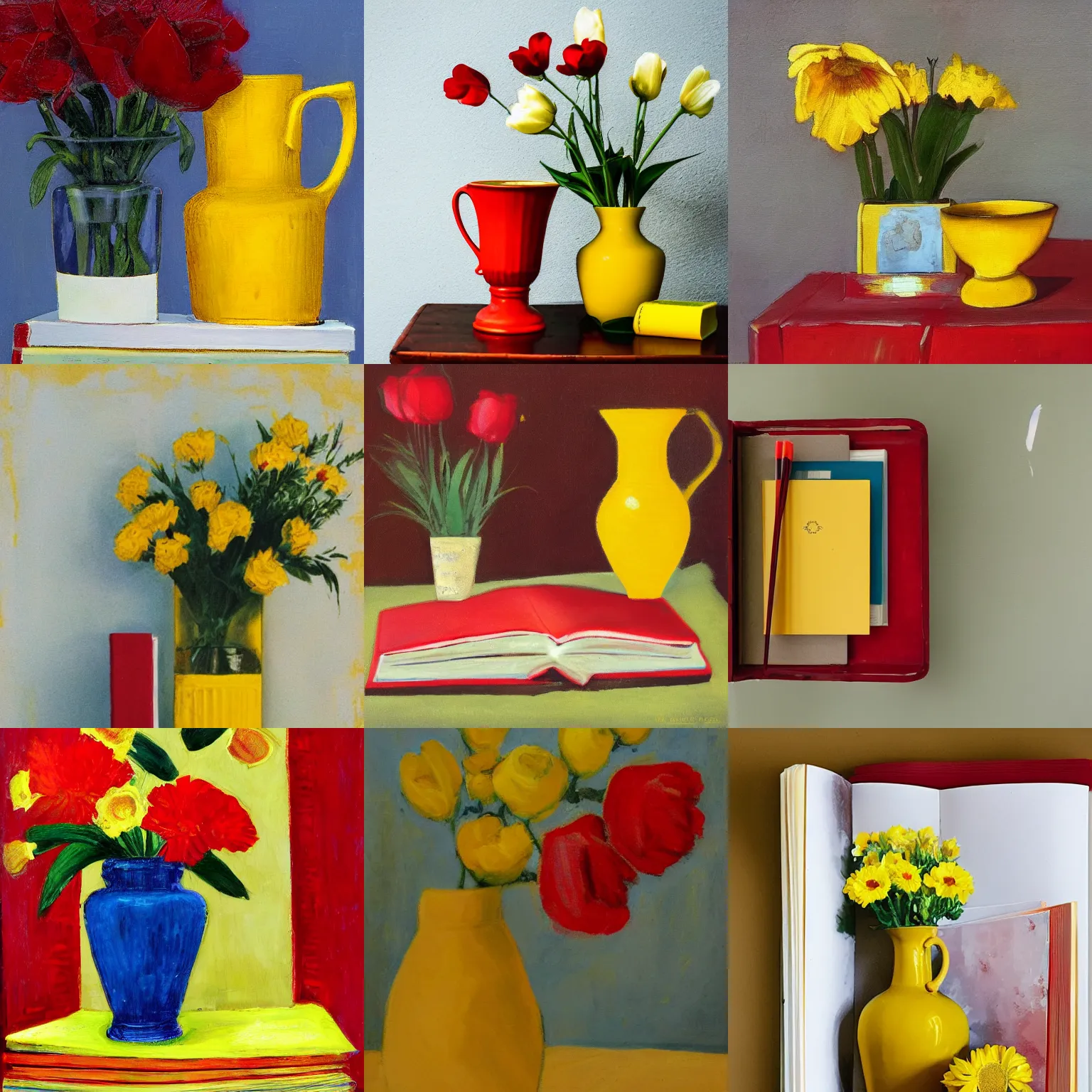 Prompt: A yellow book and a red vase