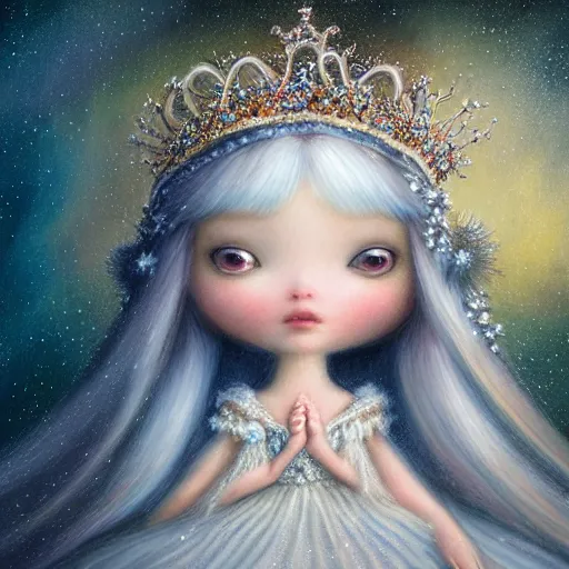 Image similar to highly detailed closeup portrait of a snow, ice princess, she is wearing a crown, she is sitting on a throne surrounded by fluffy bears, nicoletta ceccoli, mark ryden, lostfish, earl nore, global illumination, god rays, detailed and intricate environment