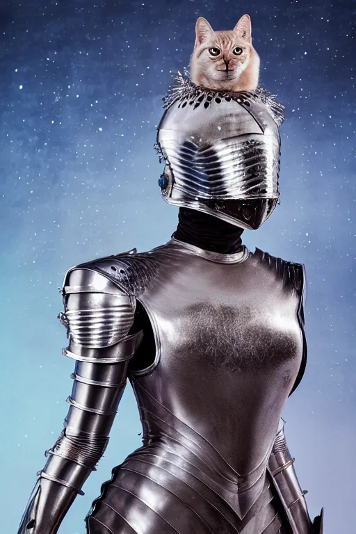 Image similar to female knight wearing a real cat on her head, armor designed by wayne barlowe, swarovski and tiffany, blonde hair, symmetry, sci - fi, cinematic, elegant, luxury, perfect light, perfect composition, dlsr photography, sharp focus, dark fantasy, 4 k, ultra hd, sense of awe, highly detailed, realistic, intricate