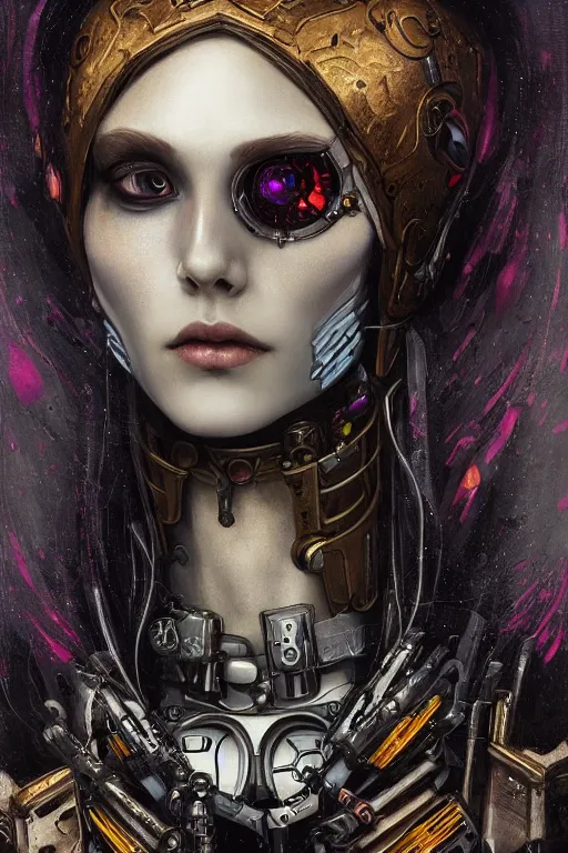 Image similar to portrait of beautiful young gothic cyborg maiden, cyberpunk, Warhammer, highly detailed, artstation, illustration, art by Gustav Klimt