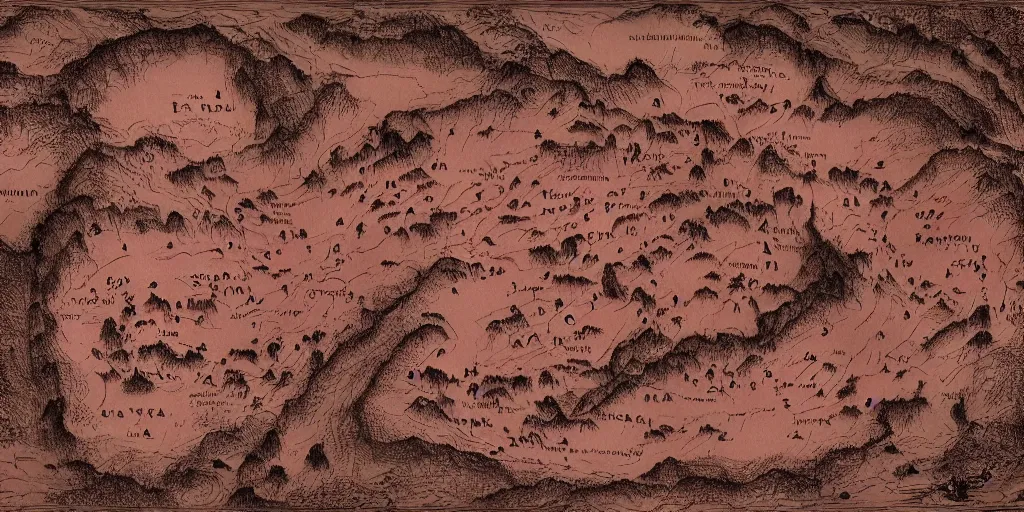 Image similar to a detailed map of dante's inferno map of hell by somnium - maris from deviantart, style of c. w. scott - gilles, soft pink glow, dramatic lighting