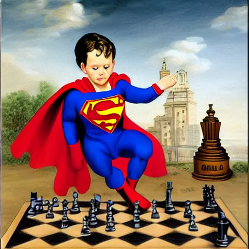 Image similar to superman baby playing chess looking wise, rococo oil painting, highly detailed