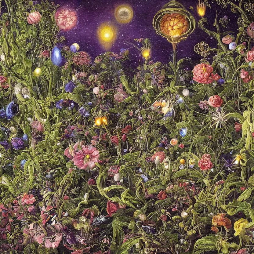 Prompt: close - up view of alien plants and flowers in a garden at night. decorated with foliage, faberge, and filigree. pulp sci - fi art for omni magazine. cosmic. baroque period, oil on canvas. renaissance masterpiece, by r. s. connett. highly detailed digital art