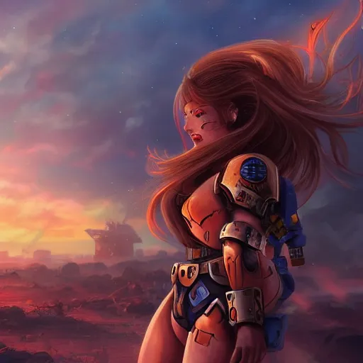 Image similar to beautiful space marine girl with long hair looking at an destructed village in a sunset, highly detailed, digital art, trending on artstation,