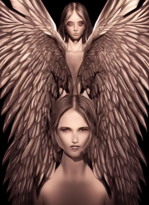 Image similar to Beautiful female angel, digital Art, trending on Artstation, dramatic lighting, face symmetry, intricate wings