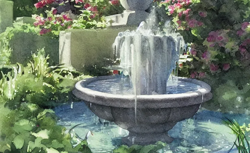 Image similar to concept art of a magical fountain in a garden, pinterest, artstation trending, behance, watercolor, by coby whitmore, silver, laser light,