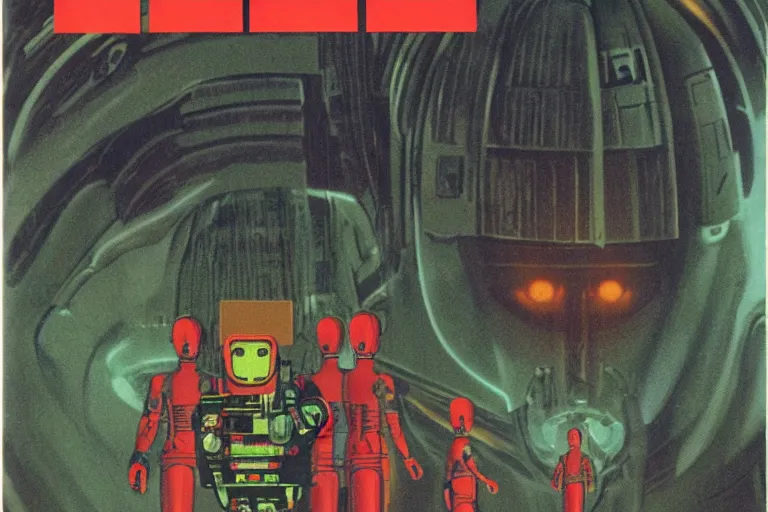 Image similar to 1979 OMNI Magazine Cover depicting a creepy angry imposing Android in the middle of a large room. Cyberpunk Akira style by Vincent Di Fate