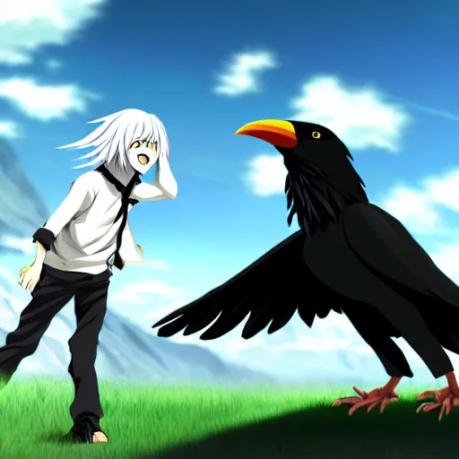 Image similar to a giant black crow screaming at a guy with long white hair, anime, pixiv