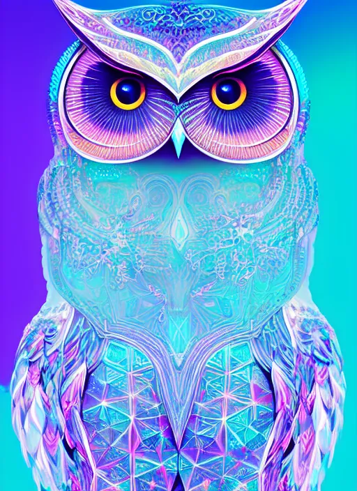 Image similar to symmetry!! product render poster vivid colors divine proportion owl, ice and snow, glowing fog intricate, elegant, highly detailed, digital painting, artstation, concept art, smooth, sharp focus, illustration,