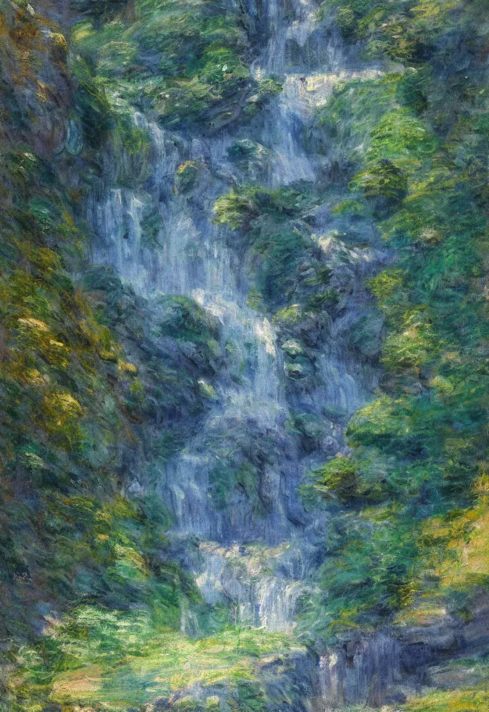 Image similar to a japanese city in the mountain. waterfall. gorgeous epic nature, lofi, vivid colors, amazing light, by jeremy lipkin, by claude monet, heavily inspired by makoto shinkai, kandinsky touches, inspired by ghibli, masterpiece, multiple brush strokes, impressionist style