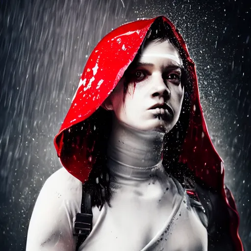 Image similar to a young female soldier wearing blood-spattered glossy sleek white dinged scuffed armor and a long torn red cape, heroic posture, determined expression, elegant, battle weary, no helmet, rain, jungle, dramatic lighting, cinematic, sci-fi, hyperrealistic, detailed