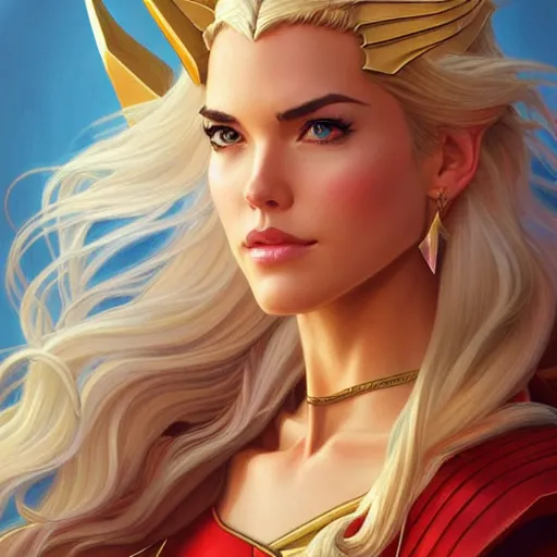 Image similar to Odette Annable with blonde hair as She-Ra, western, D&D, fantasy, intricate, elegant, highly detailed, digital painting, artstation, concept art, matte, sharp focus, illustration, art by Artgerm and Greg Rutkowski and Alphonse Mucha