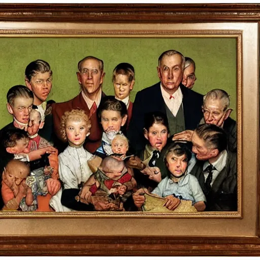 Prompt: A portrait of family of six. Man and wife, kids aged two, eight, twelve, fourteen. A painting by Norman Rockwell.