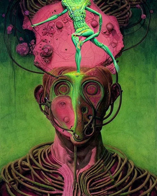 Image similar to a scene from prometheus, annunaki wearing breathing apparatus making humans, in a pink and green colour palette, surrealism, in the style of adrian ghenie, esao andrews, jenny saville, edward hopper, dark art by takato yamamoto