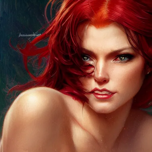 Prompt: highly detailed closeup portrait of beautiful cat woman with red hair, very detailed, realistic, card, by Stanley Artgerm Lau, greg rutkowski, thomas kindkade, alphonse mucha, loish, norman rockwell J.