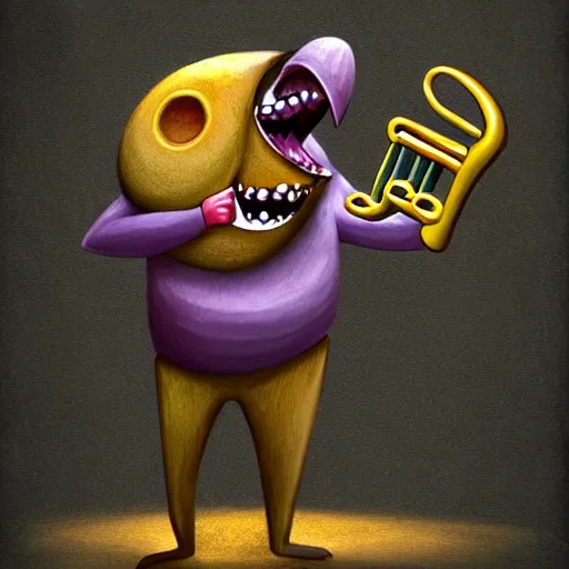 Image similar to joyous monster playing trumpet to cheering audience, artstation, fantasy