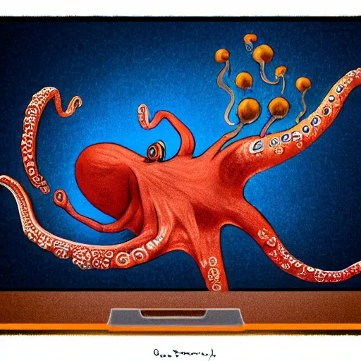 Image similar to Speculative evolution paleoart of laptop computer being used by an octopus in the style of Emily Willoughby